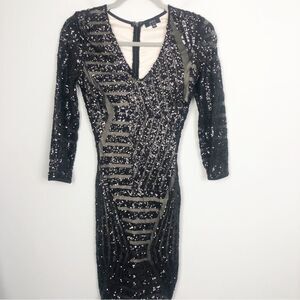 PRIVY | Black Nude Sequin Long Sleeve Mini Cocktail Dress Women’s Size Small
